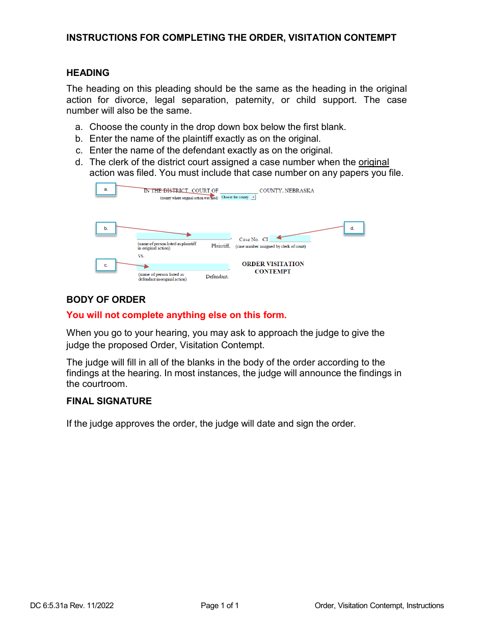 Instructions for Form DC6:5.31 Order - Visitation Contempt - Nebraska, Page 1