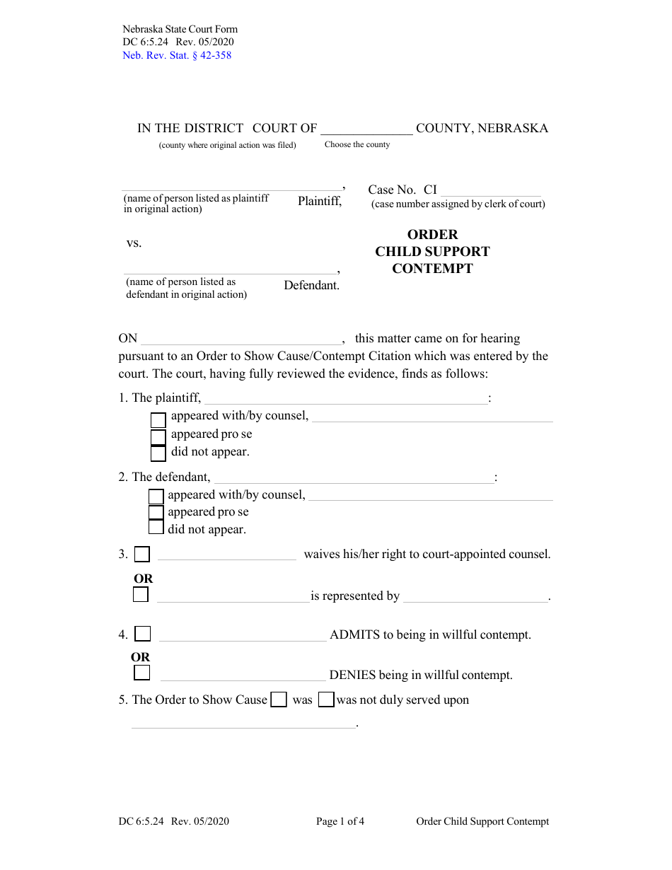 Form DC6:5.24 Order Child Support Contempt - Nebraska, Page 1