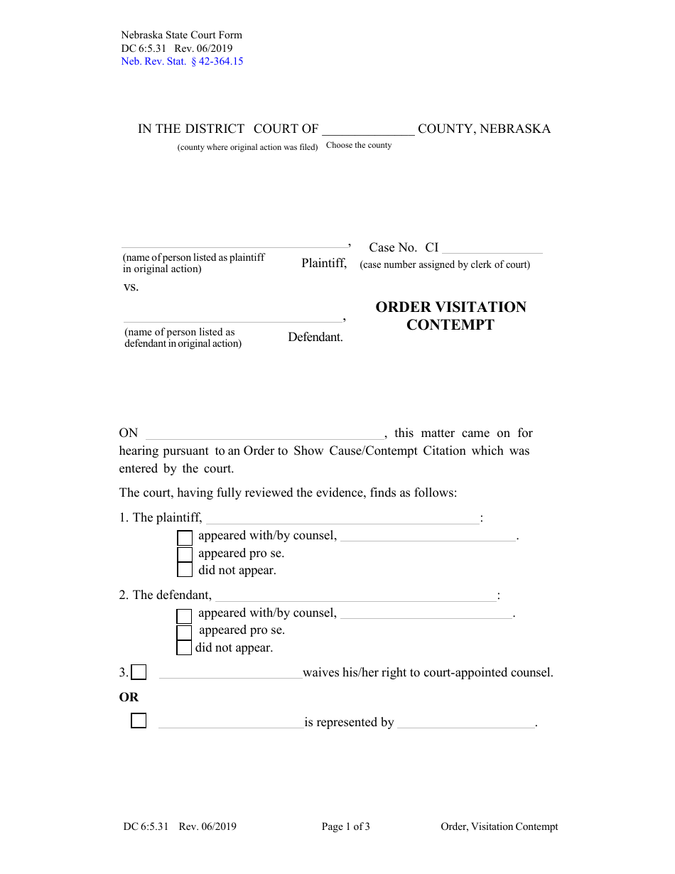 Form DC6:5.31 Order - Visitation Contempt - Nebraska, Page 1