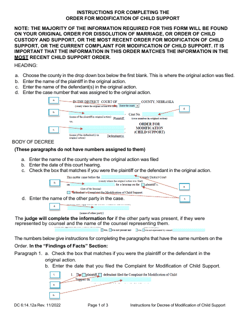 Instructions for Form DC6:14.12 Order for Modification (Child Support) - Nebraska