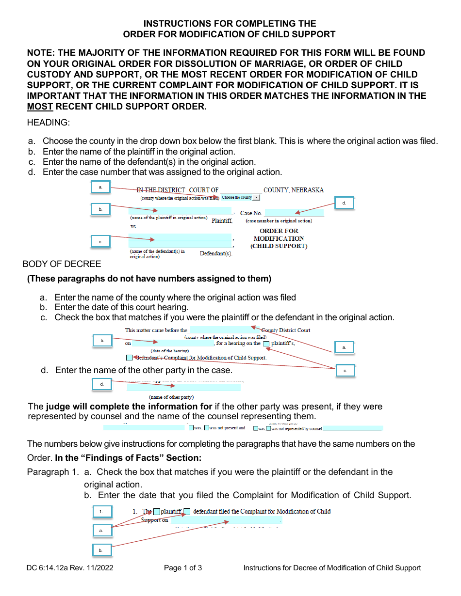 Instructions for Form DC6:14.12 Order for Modification (Child Support) - Nebraska, Page 1