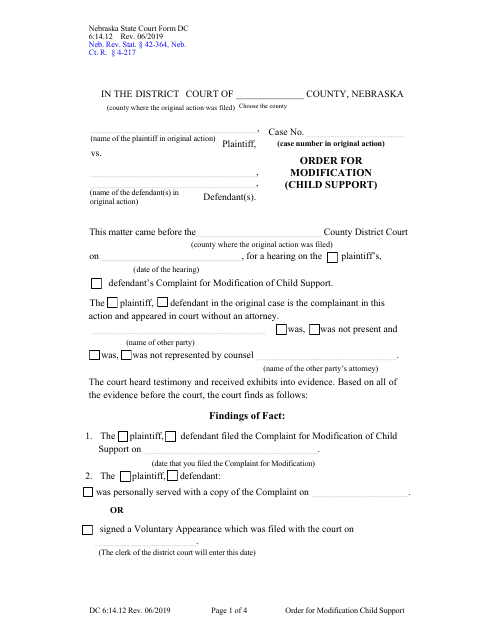 Form DC6:14.12 Order for Modification (Child Support) - Nebraska