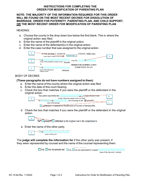 Instructions for Form DC6:15.8 Order for Modification of Parenting Plan - Nebraska