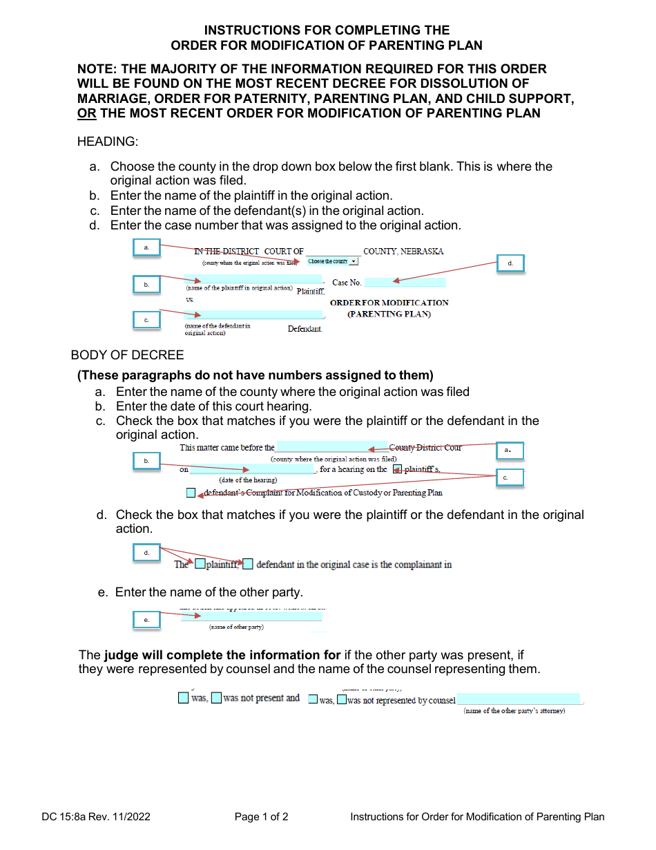 Instructions for Form DC6:15.8 Order for Modification of Parenting Plan - Nebraska, Page 1