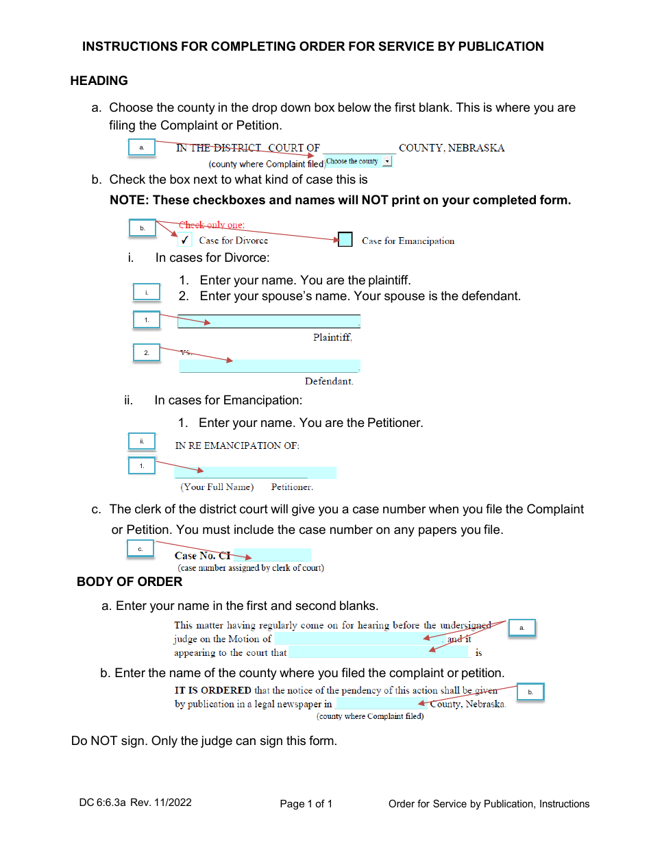 Instructions for Form DC6:6.3 Order for Service by Publication - Nebraska, Page 1