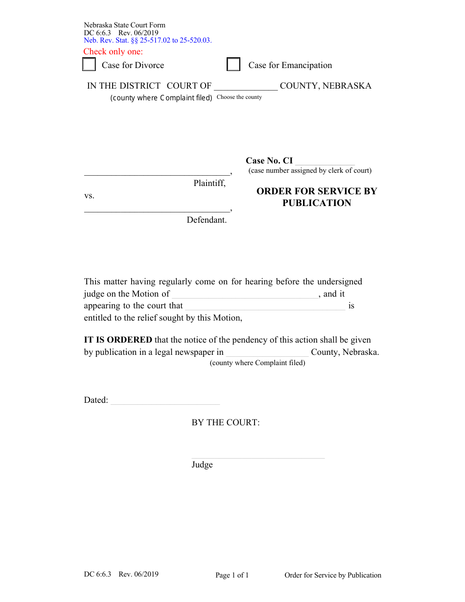 Form DC6:6.3 Order for Service by Publication - Nebraska, Page 1