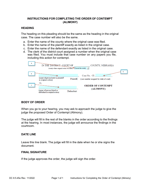 Instructions for Form DC6:5.45 Order of Contempt (Alimony) - Nebraska