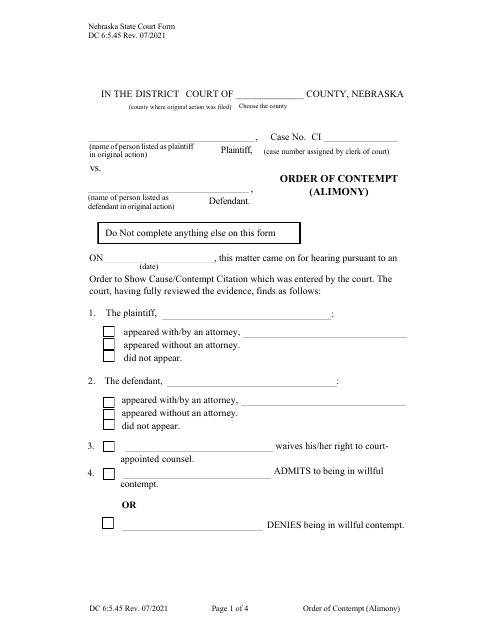 Form DC6:5.45 Order of Contempt (Alimony) - Nebraska