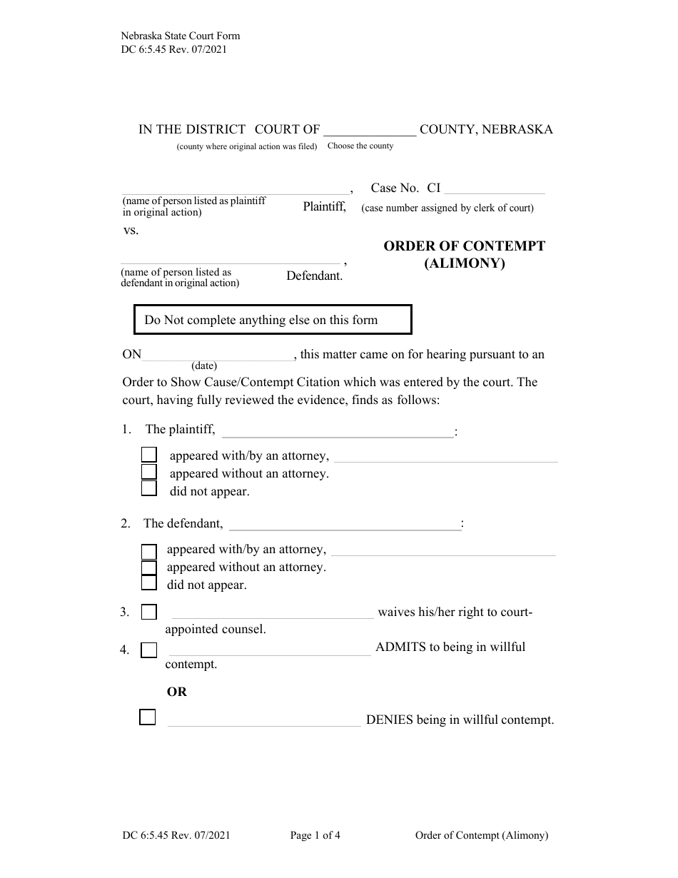 Form DC6:5.45 Order of Contempt (Alimony) - Nebraska, Page 1