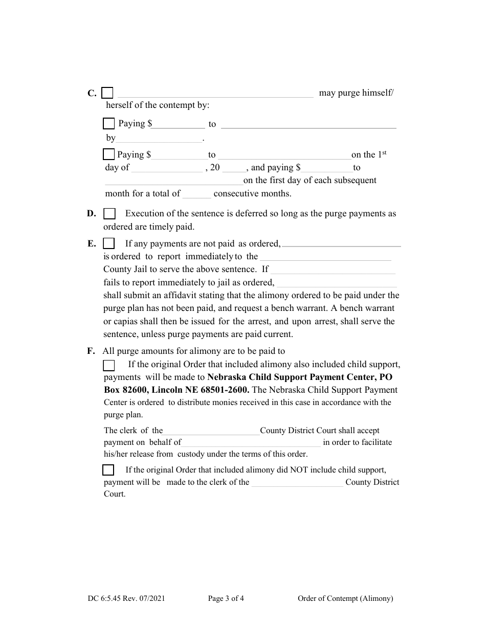 Form DC6:5.45 Order of Contempt (Alimony) - Nebraska, Page 3
