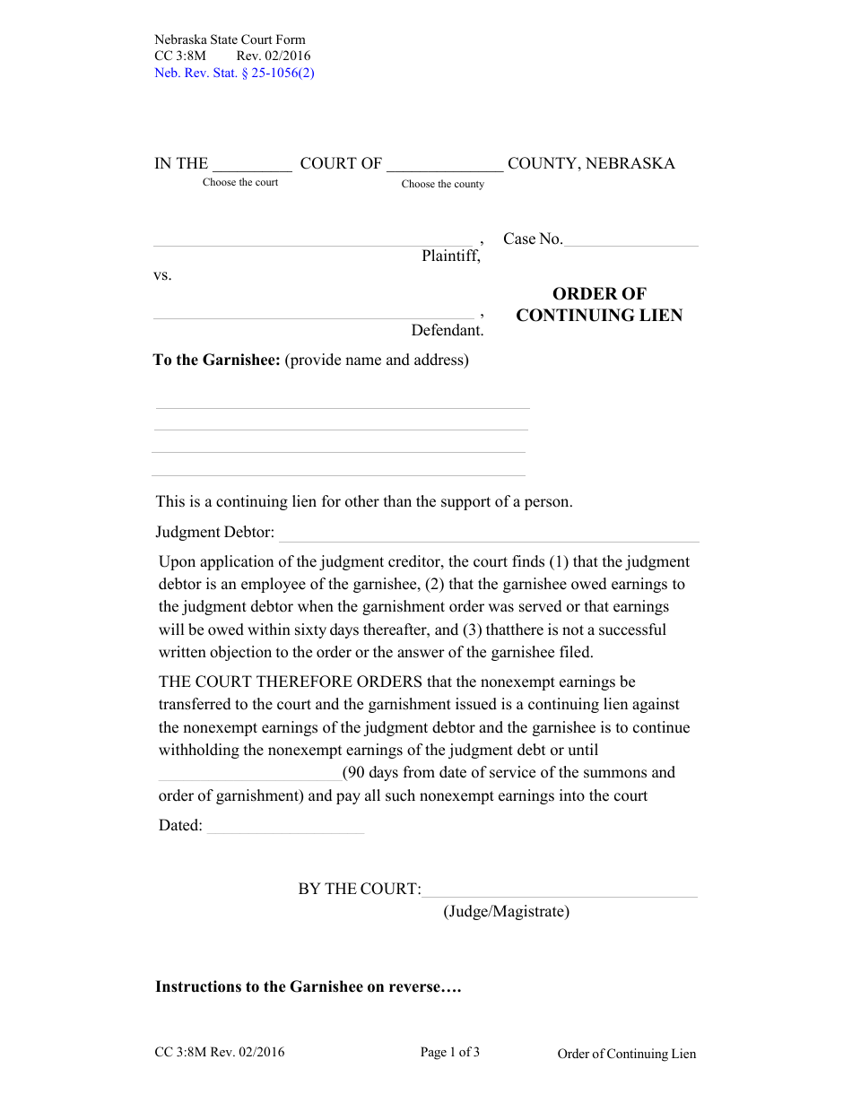 Form CC3:8M Order of Continuing Lien - Nebraska, Page 1