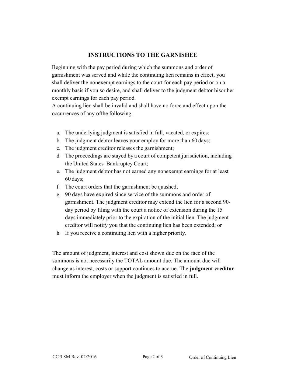 Form CC3:8M Order of Continuing Lien - Nebraska, Page 2