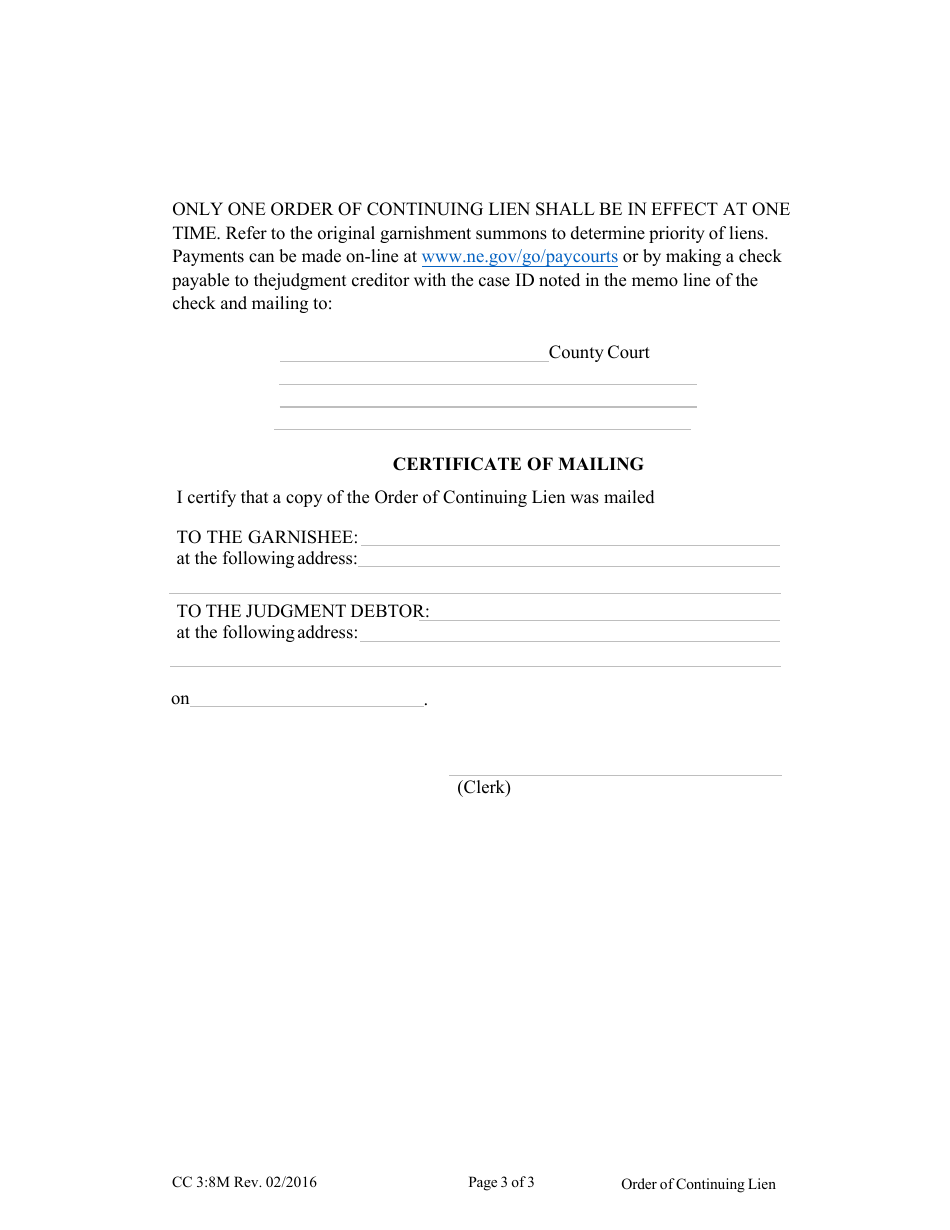 Form CC3:8M Order of Continuing Lien - Nebraska, Page 3