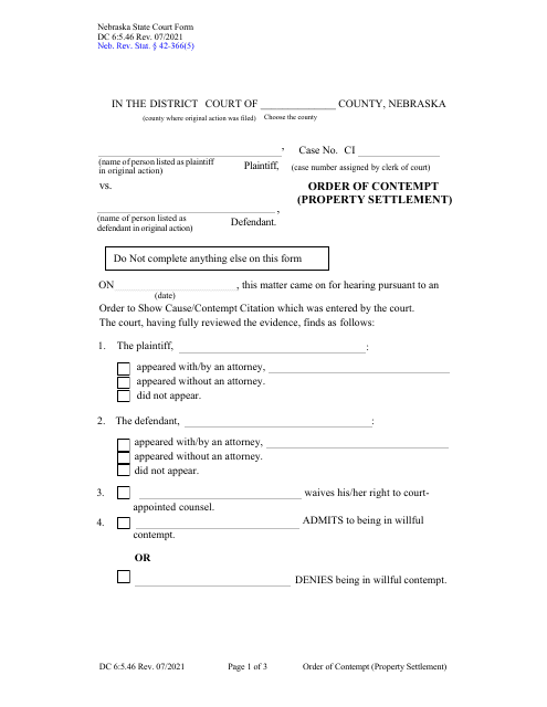 Form DC6:5.46 Order of Contempt (Property Settlement) - Nebraska