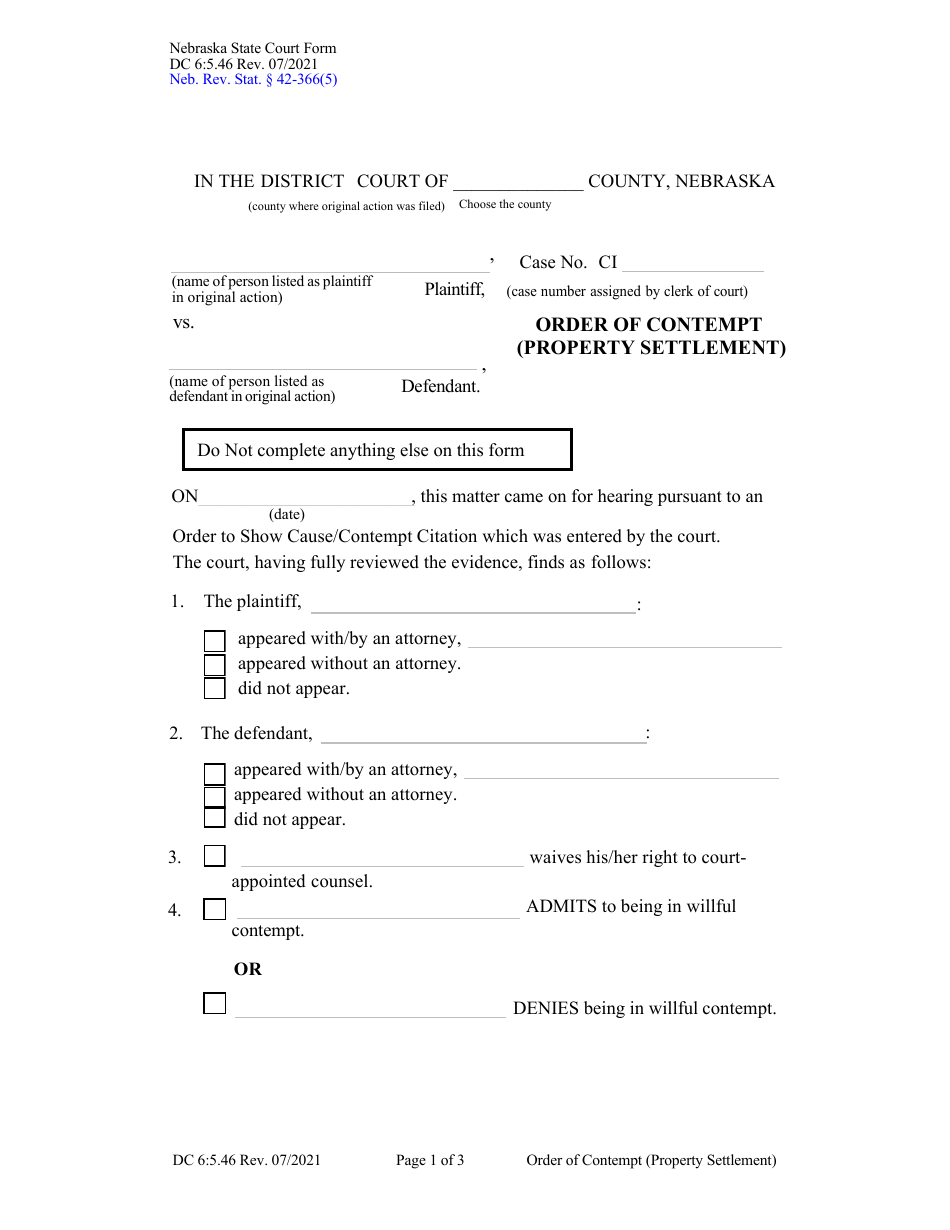 Form DC6:5.46 Order of Contempt (Property Settlement) - Nebraska, Page 1