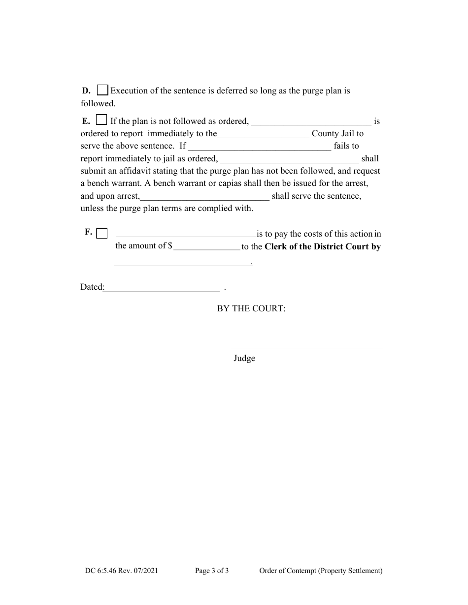 Form DC6:5.46 Order of Contempt (Property Settlement) - Nebraska, Page 3