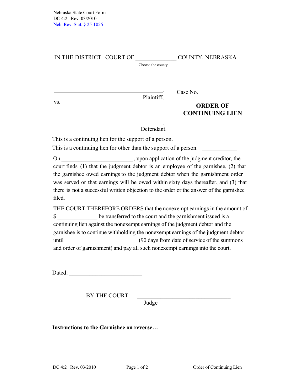 Form DC4:2 Order of Continuing Lien - Nebraska, Page 1