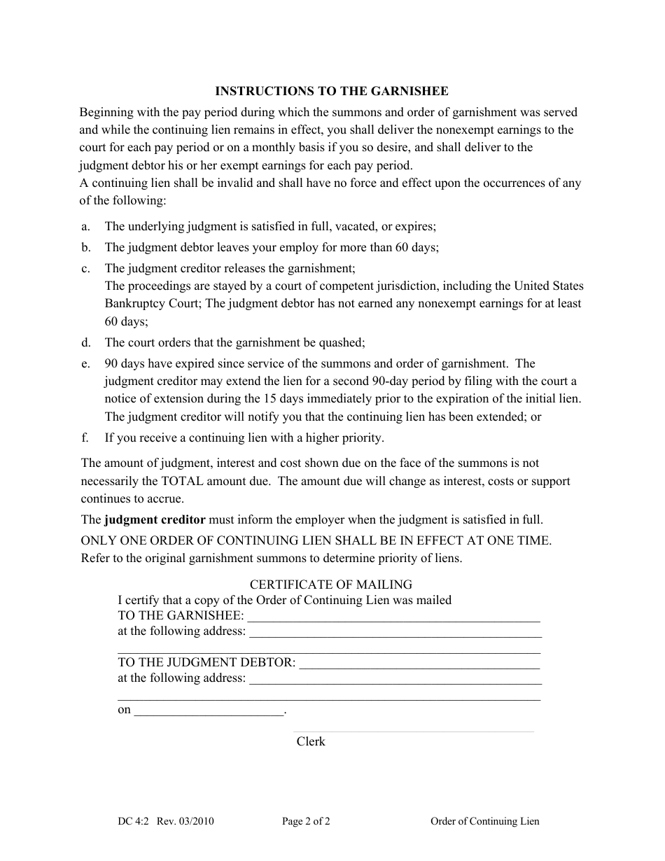 Form DC4:2 Order of Continuing Lien - Nebraska, Page 2