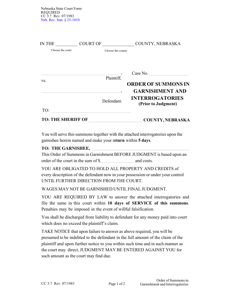 Form CC3:7 Order of Summons in Garnishment and Interrogatories (Prior to Judgment) - Nebraska, Page 1