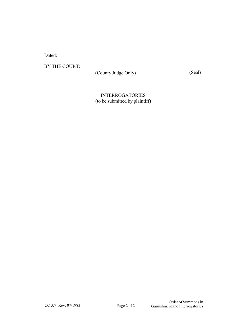 Form CC3:7 Order of Summons in Garnishment and Interrogatories (Prior to Judgment) - Nebraska, Page 2