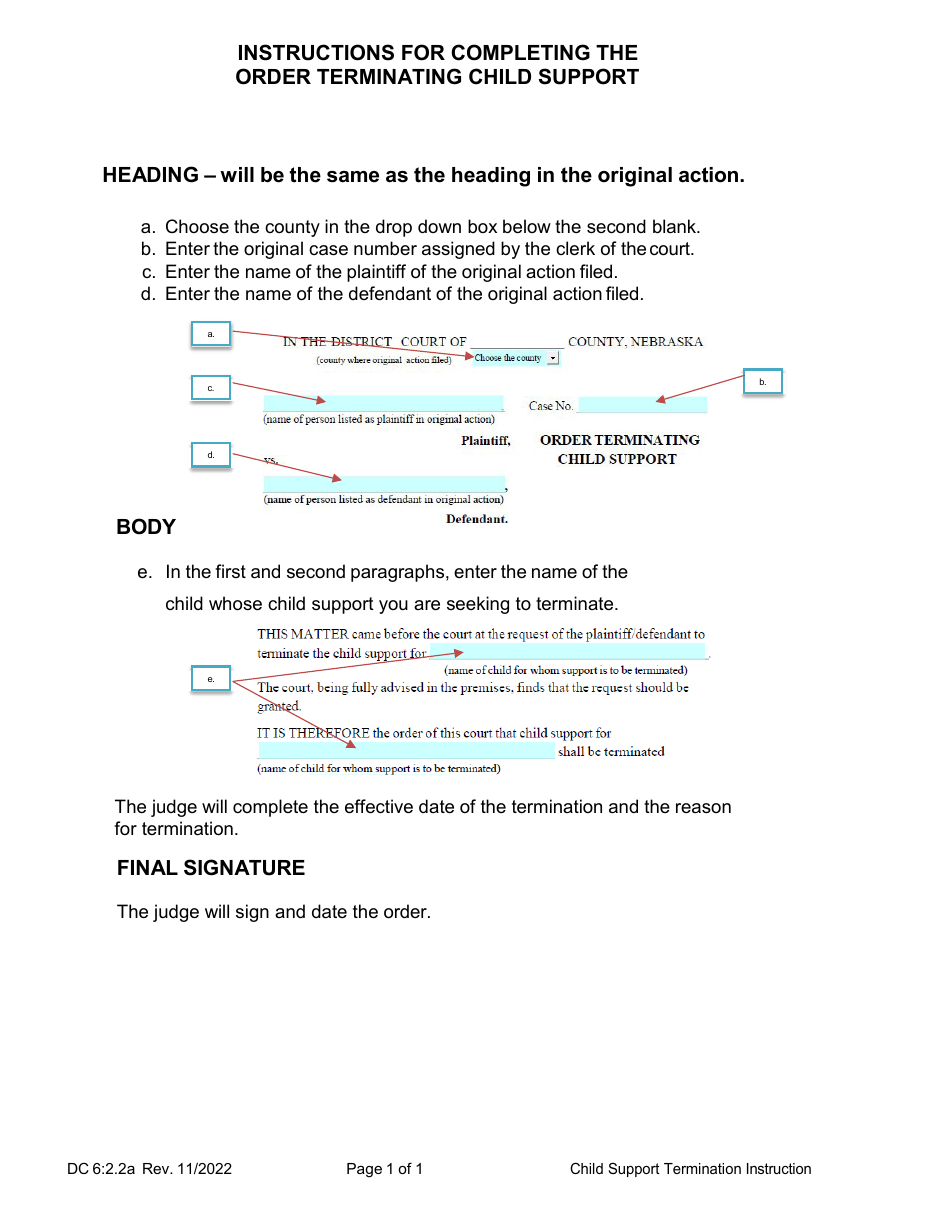 Instructions for Form DC6:2.2 Order Terminating Child Support - Nebraska, Page 1