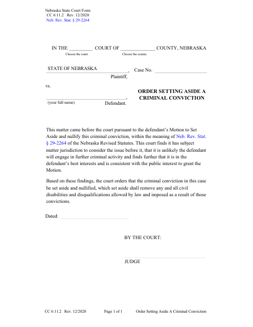 Form CC6:11.2 Order Setting Aside a Criminal Conviction - Nebraska