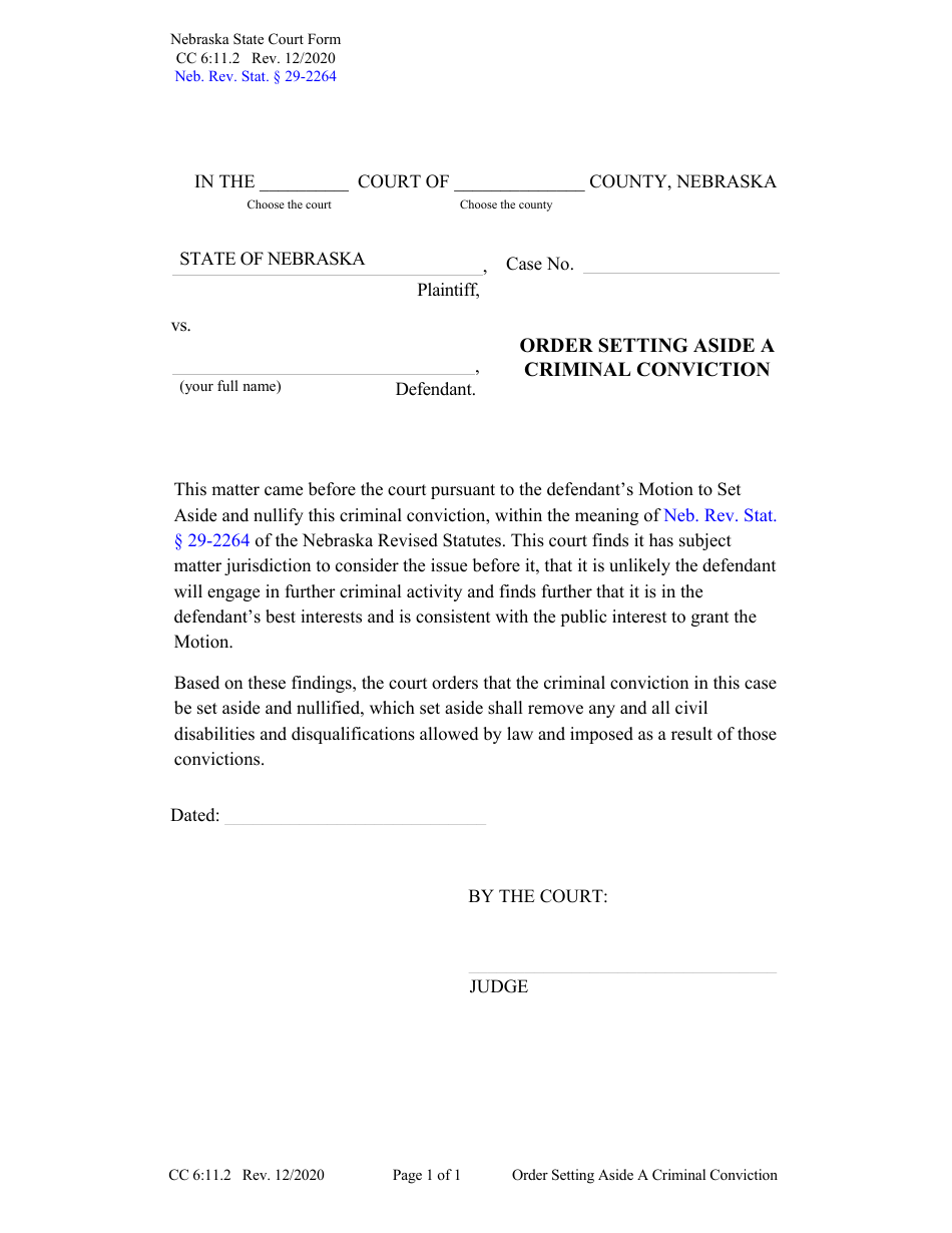 Form CC6:11.2 Order Setting Aside a Criminal Conviction - Nebraska, Page 1