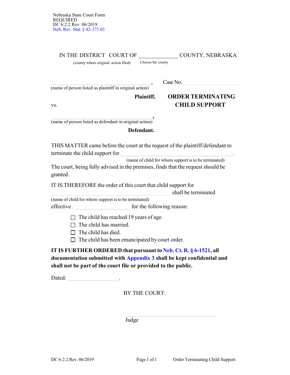 Form DC6:2.2 Order Terminating Child Support - Nebraska, Page 1