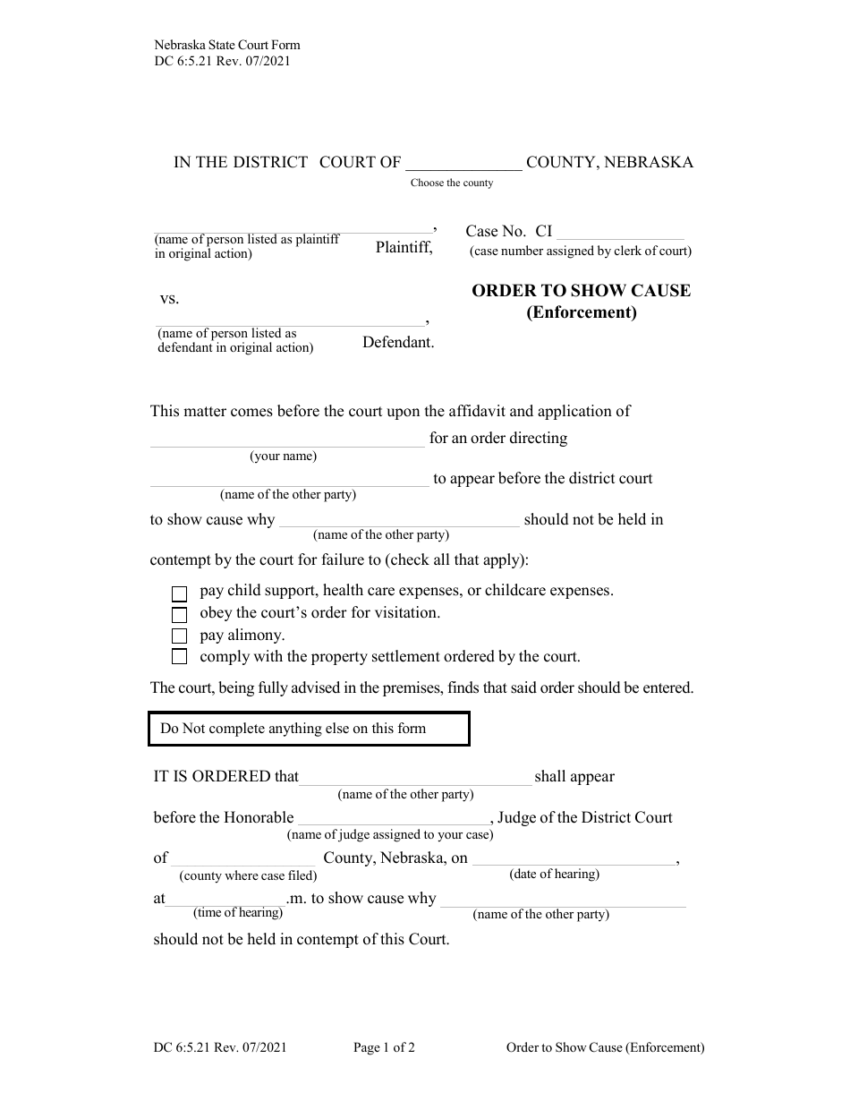 Form DC6:5.21 Order to Show Cause (Enforcement) - Nebraska, Page 1