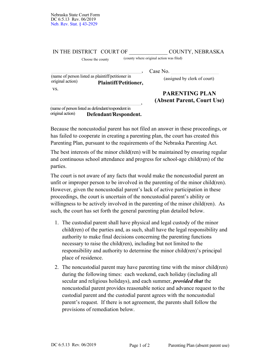Form DC6:5.13 Parenting Plan (Absent Parent, Court Use) - Nebraska, Page 1