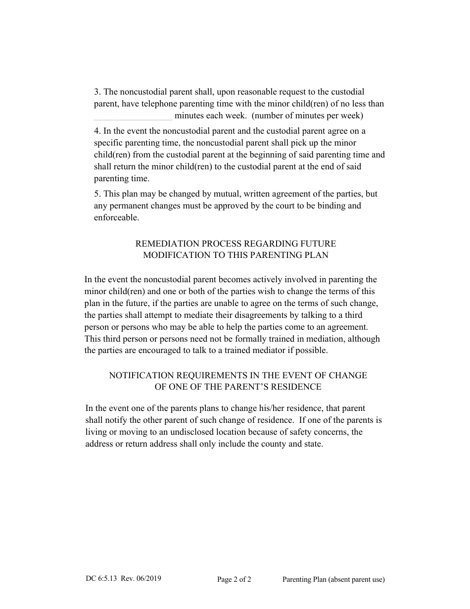 Form DC6:5.13 Parenting Plan (Absent Parent, Court Use) - Nebraska, Page 2