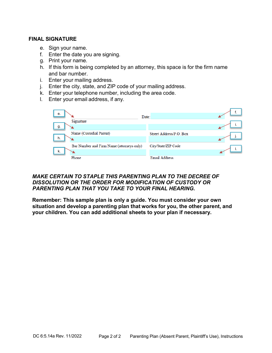 Instructions for Form DC6:5.14 Parenting Plan (Absent Parent, Plaintiffs Use) - Nebraska, Page 2