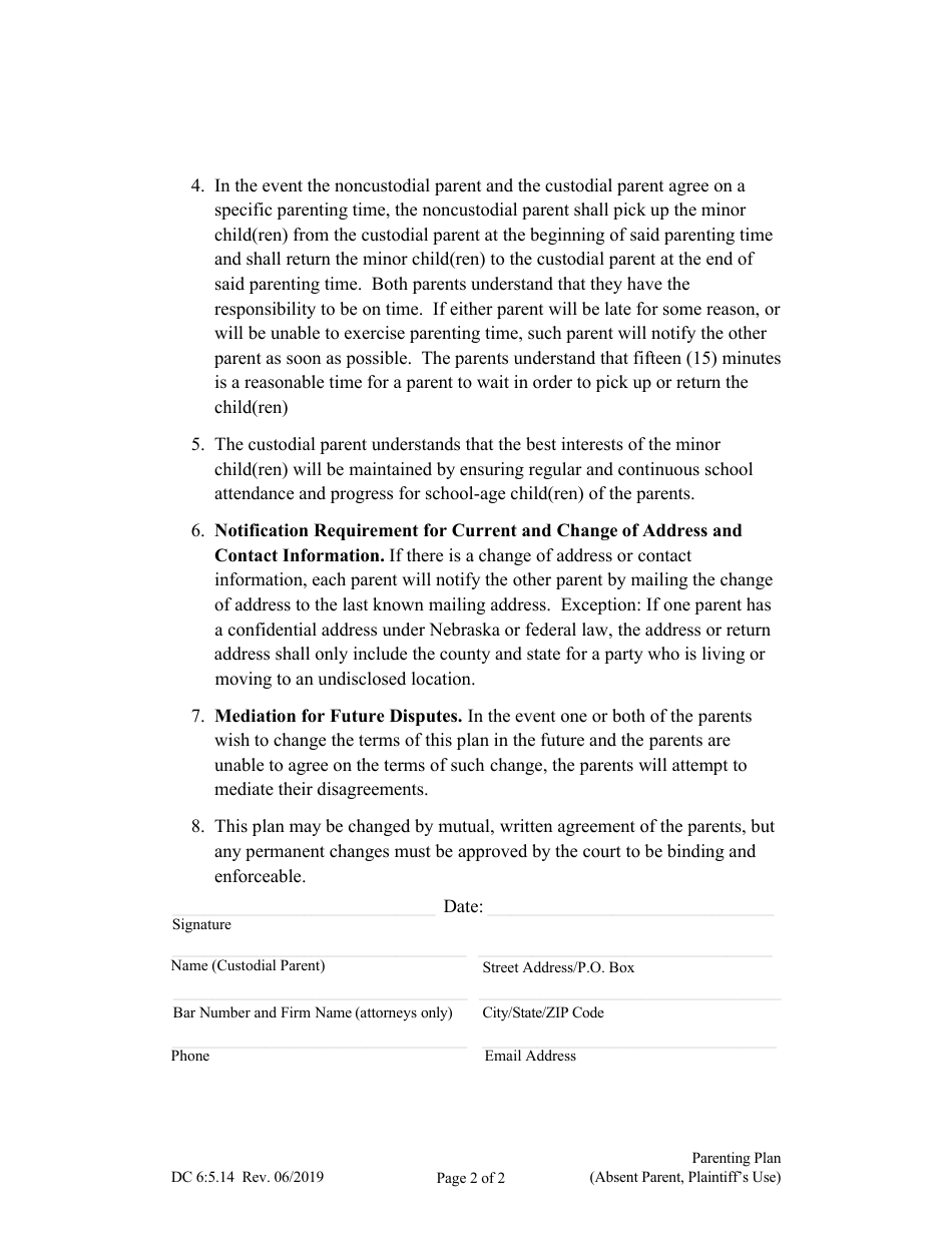 Form DC6:5.14 Parenting Plan (Absent Parent, Plaintiffs Use) - Nebraska, Page 2