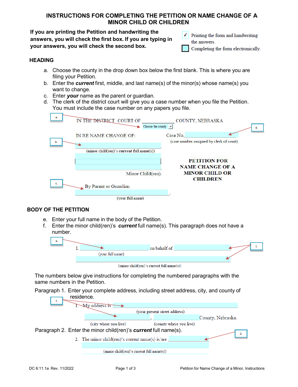 Instructions for Form DC6:11.1 Petition or Name Change of a Minor Child or Children - Nebraska, Page 1