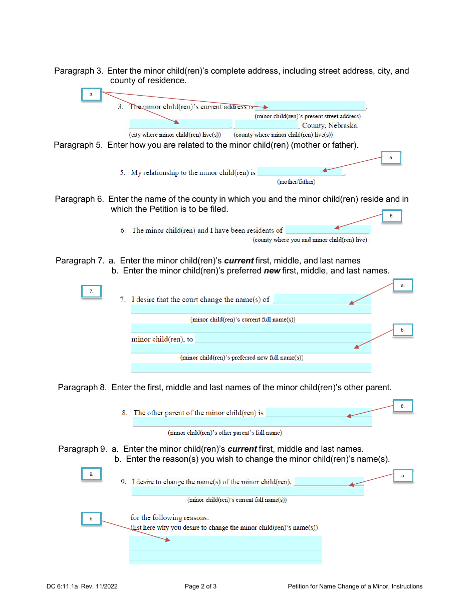 Instructions for Form DC6:11.1 Petition or Name Change of a Minor Child or Children - Nebraska, Page 2