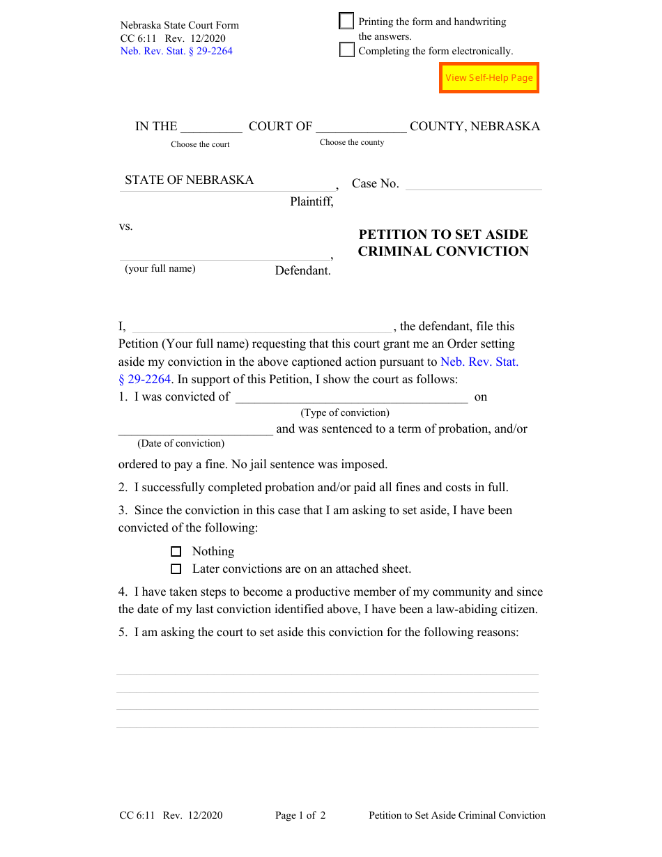 Form CC6:11 Petition to Set Aside Criminal Conviction - Nebraska, Page 1