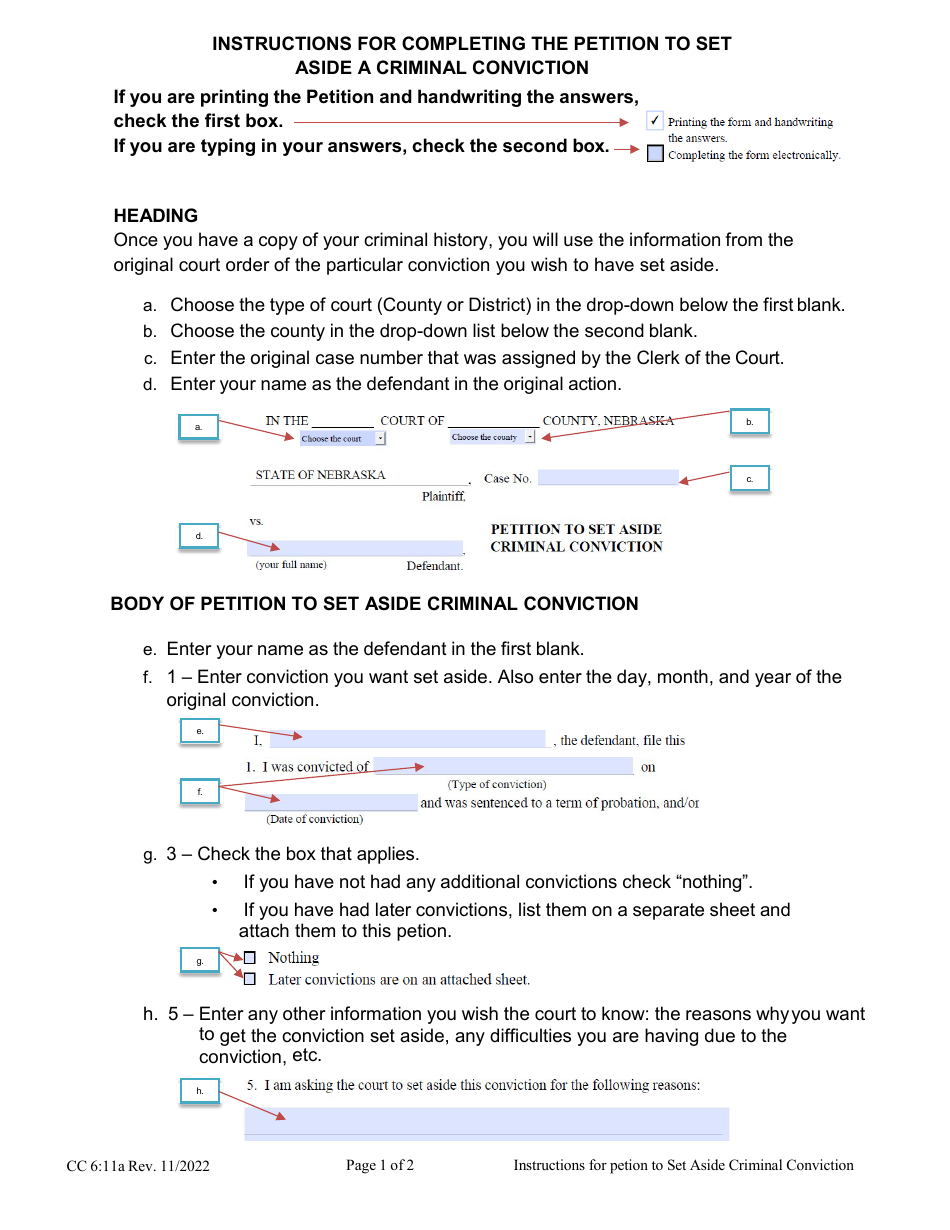 Instructions for Form CC6:11 Petition to Set Aside a Criminal Conviction - Nebraska, Page 1