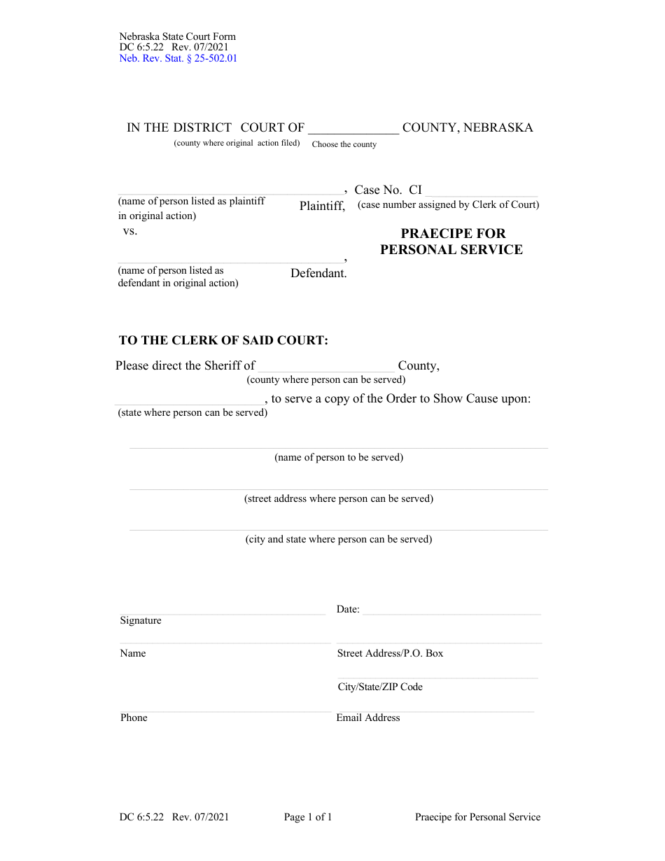 Form DC6:5.22 Praecipe for Personal Service (Enforcement) - Nebraska, Page 1
