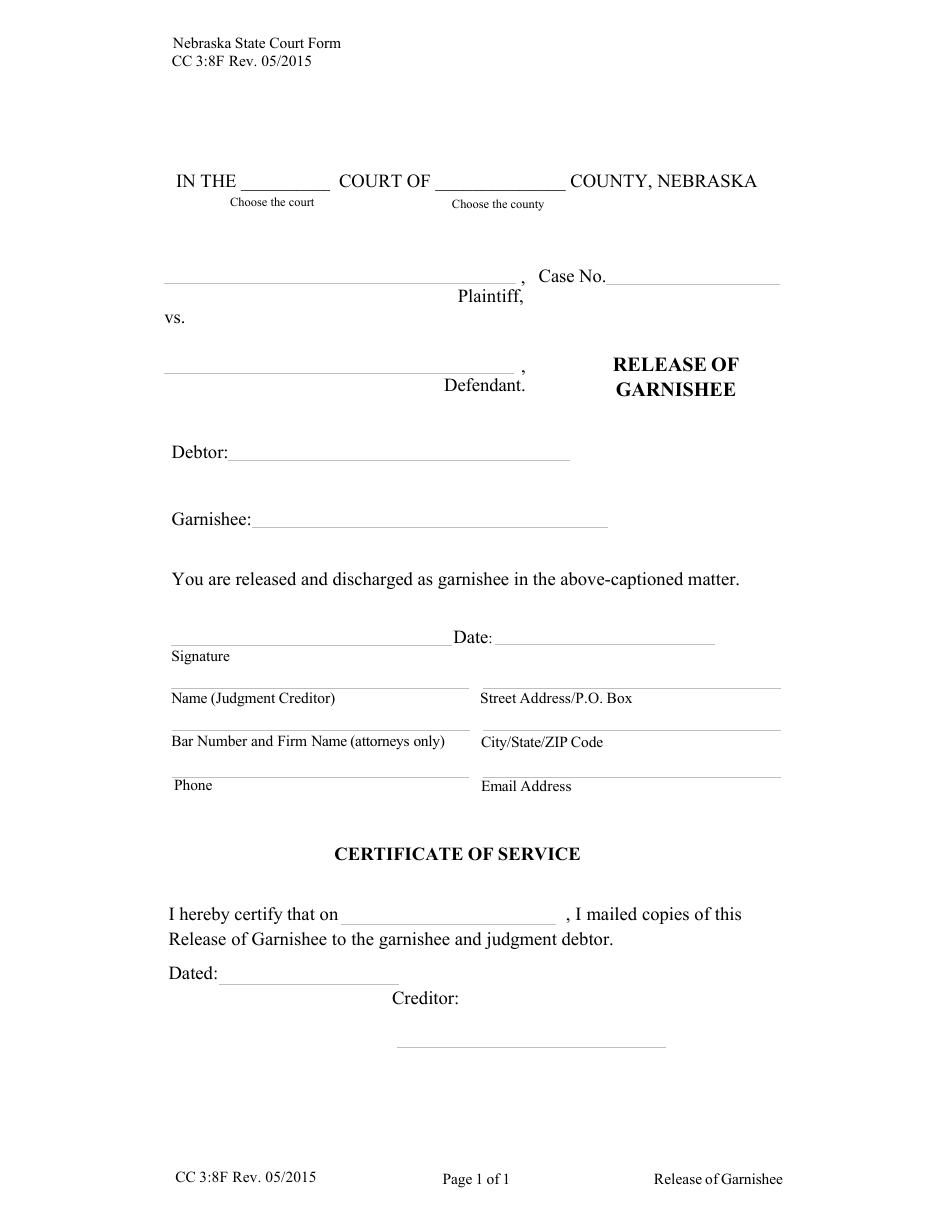 Form CC3:8F Release of Garnishee - Nebraska, Page 1