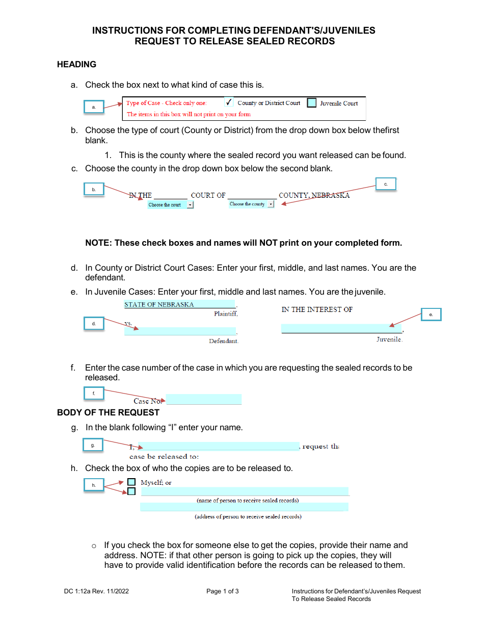 Instructions for Form DC1:12 Defendants / Juveniles Request to Release Sealed Records - Nebraska, Page 1