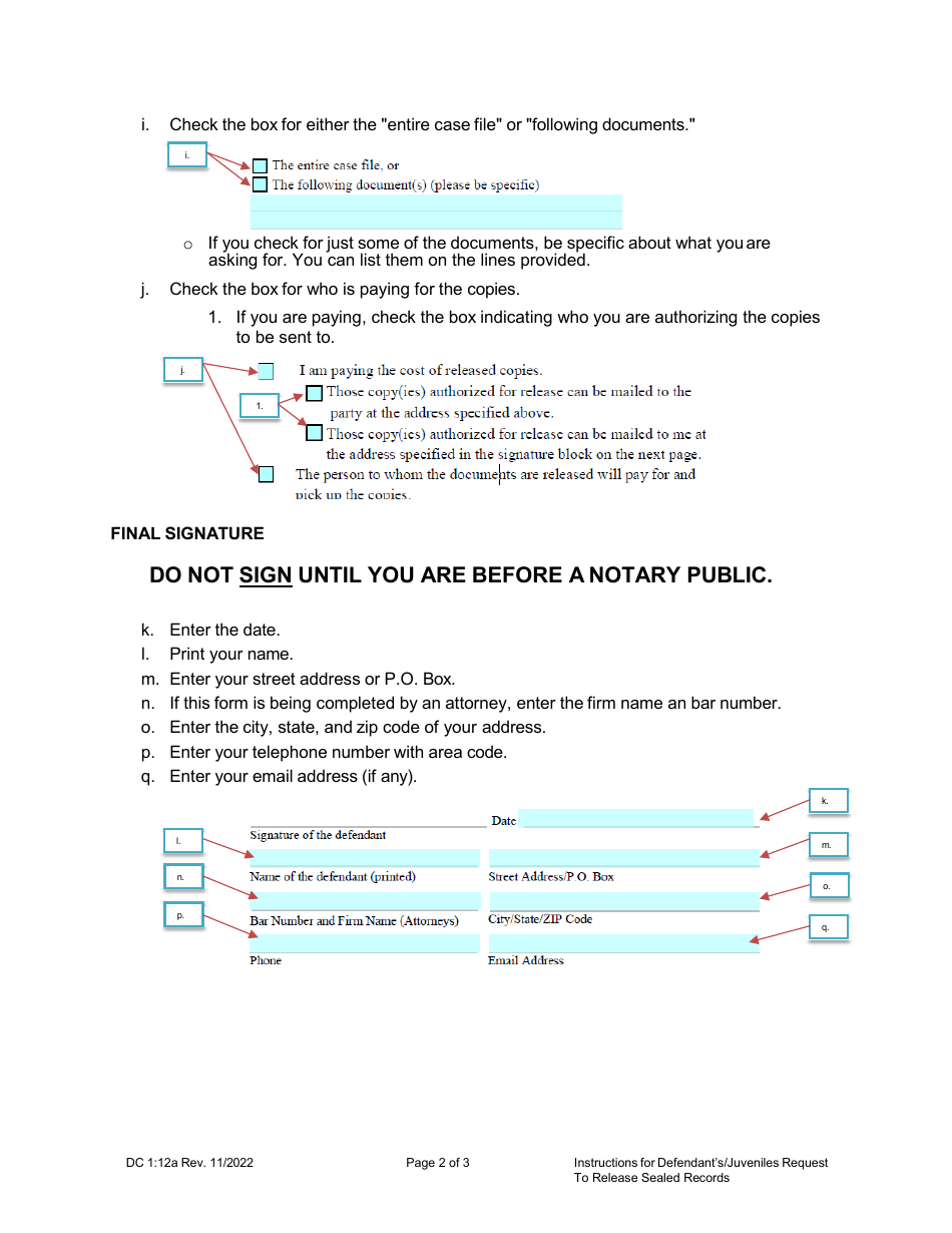 Instructions for Form DC1:12 Defendants / Juveniles Request to Release Sealed Records - Nebraska, Page 2