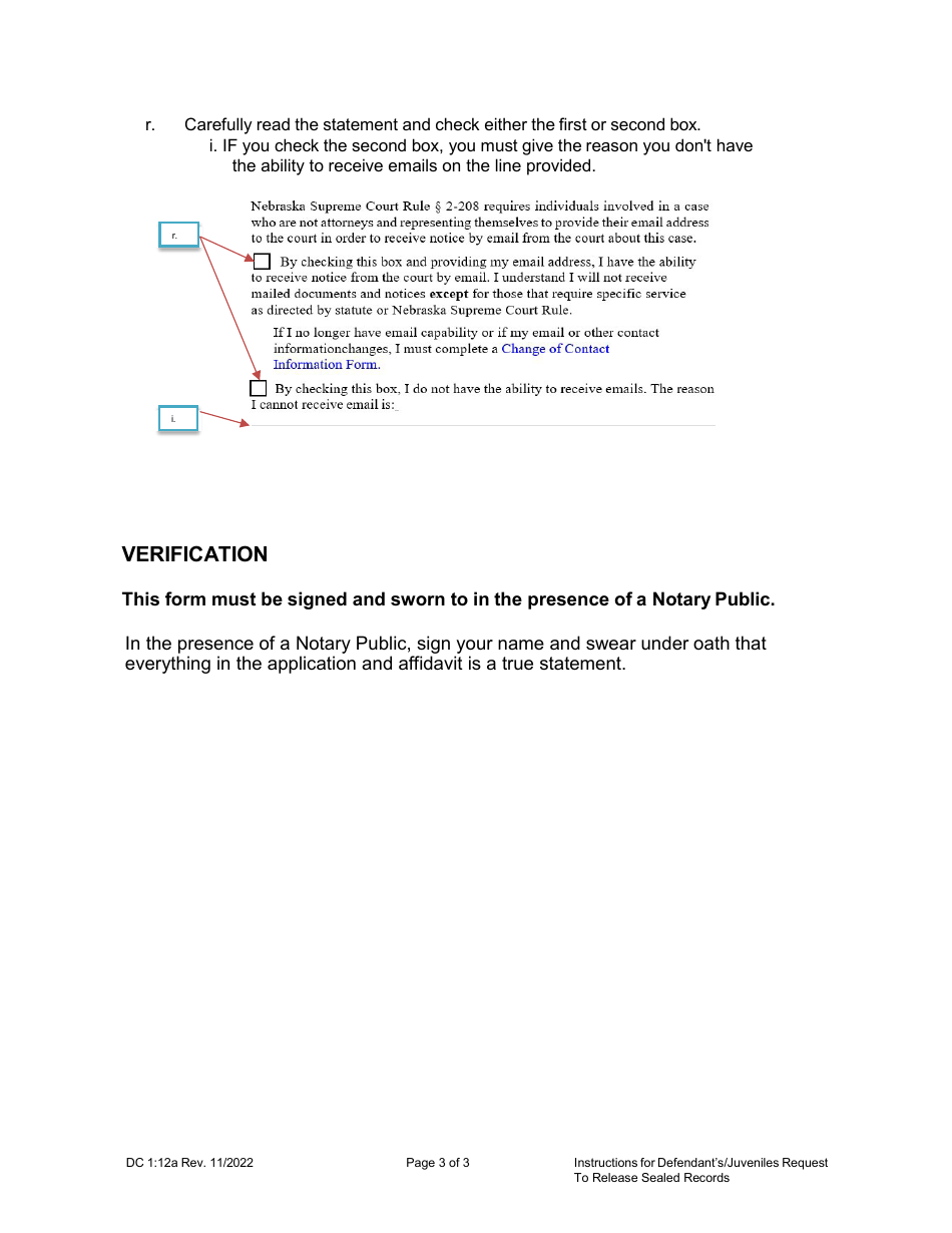 Instructions for Form DC1:12 Defendants / Juveniles Request to Release Sealed Records - Nebraska, Page 3