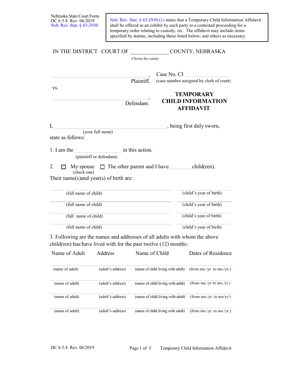 Form DC6:5.8 Temporary Child Information Affidavit - Nebraska, Page 1