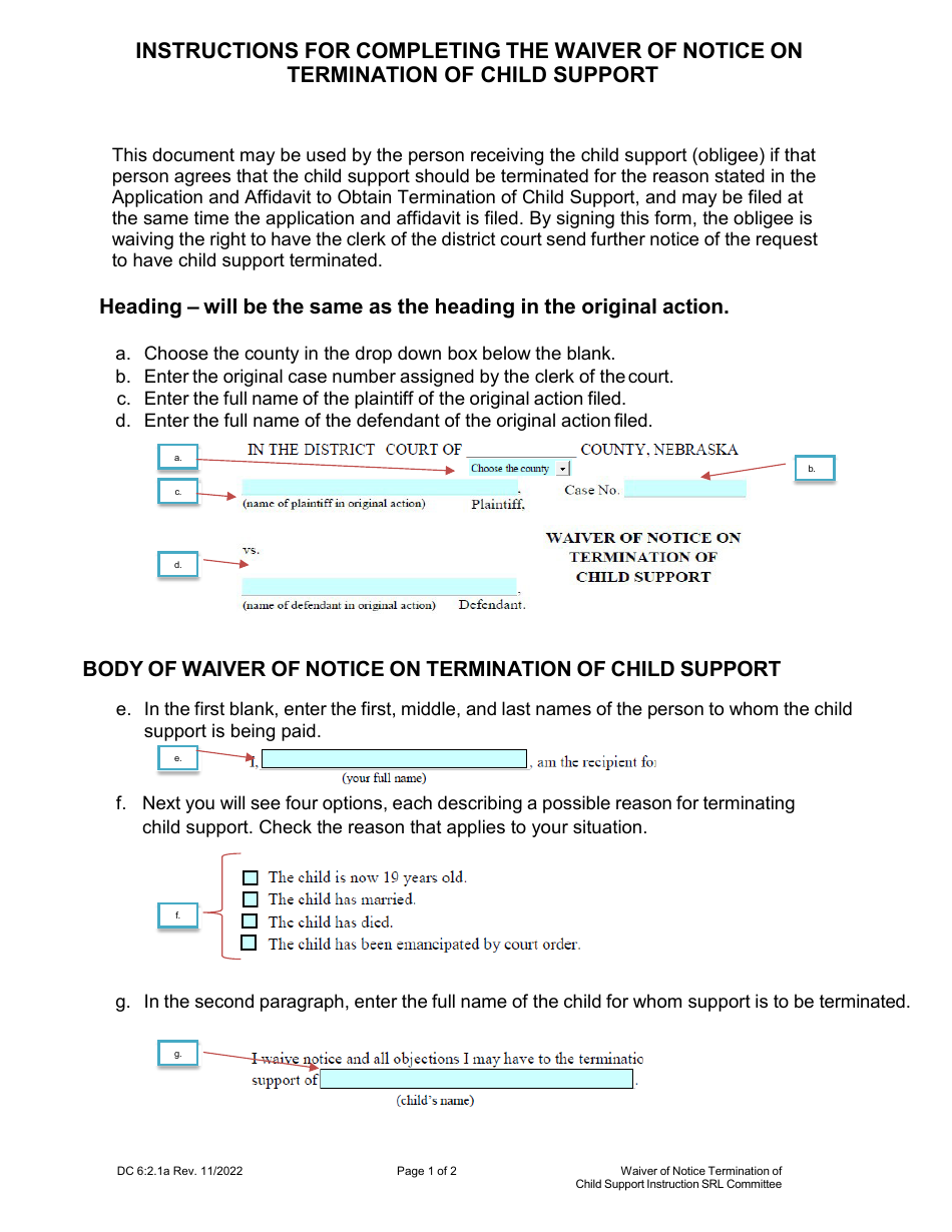 Instructions for Form DC6:2.1 Waiver of Notice on Termination of Child Support - Nebraska, Page 1