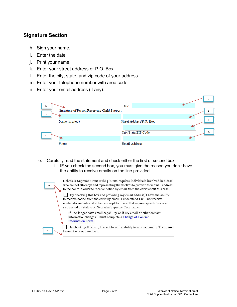 Instructions for Form DC6:2.1 Waiver of Notice on Termination of Child Support - Nebraska, Page 2