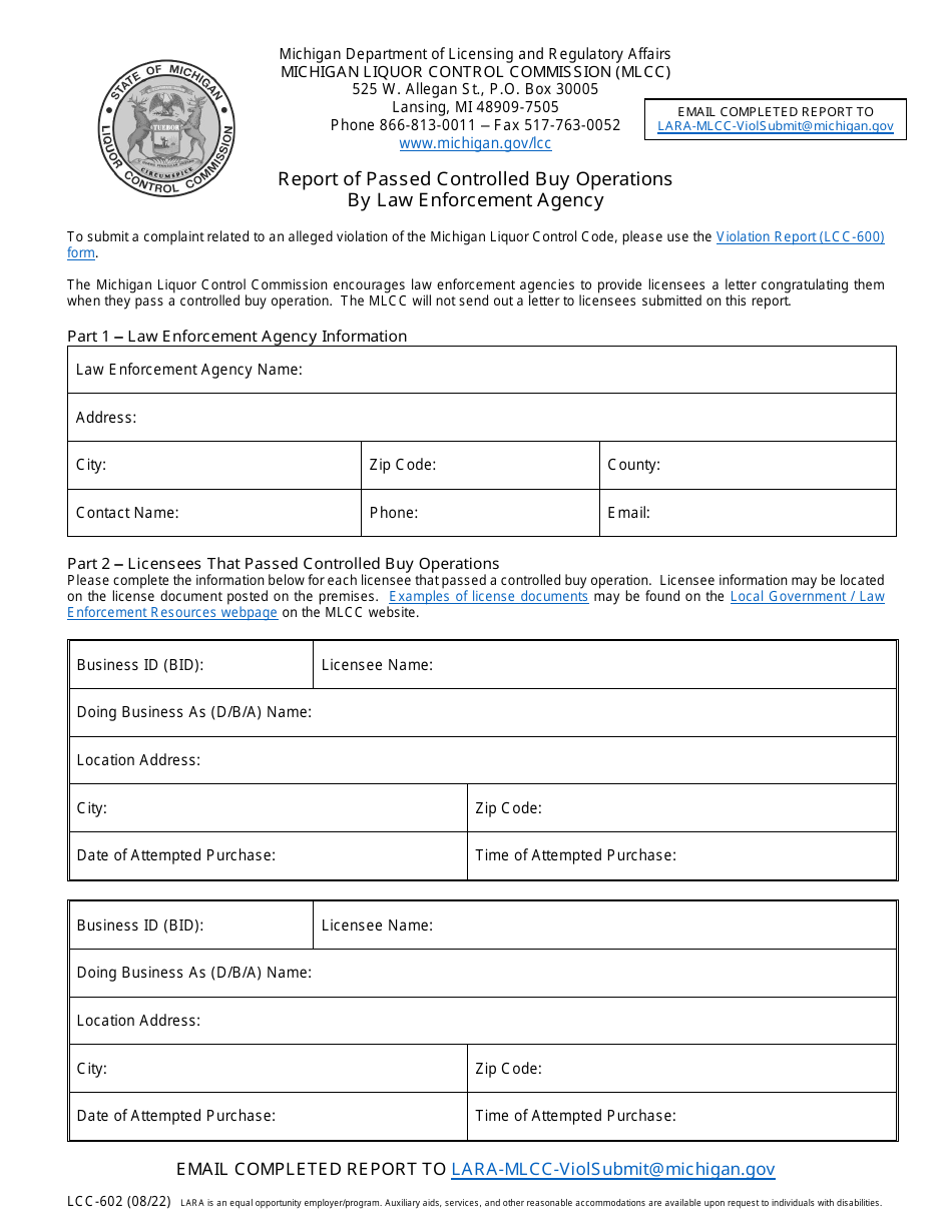 Form LCC-602 Report of Passed Controlled Buy Operations by Law Enforcement Agency - Michigan, Page 1