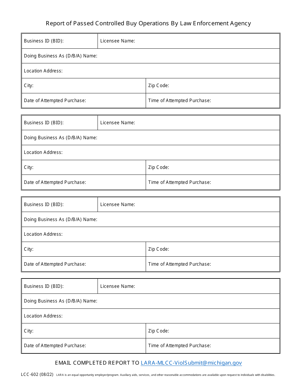 Form LCC-602 Report of Passed Controlled Buy Operations by Law Enforcement Agency - Michigan, Page 2