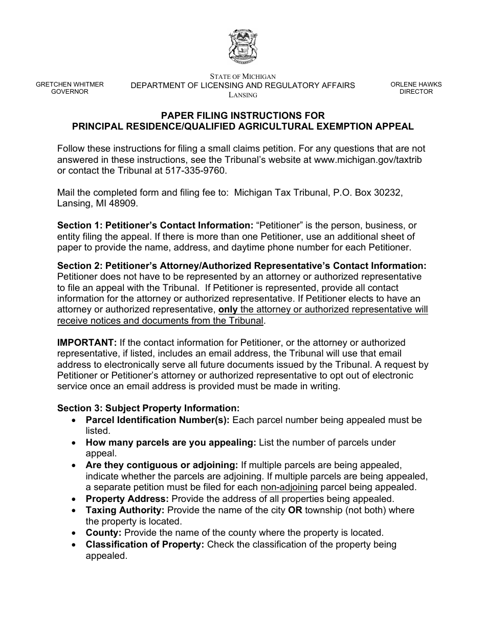 Michigan Property Tax Appeal Petition Form Principal Residence