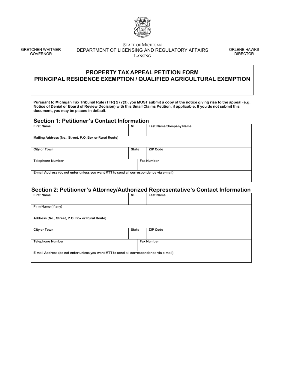 Michigan Property Tax Appeal Petition Form Principal Residence