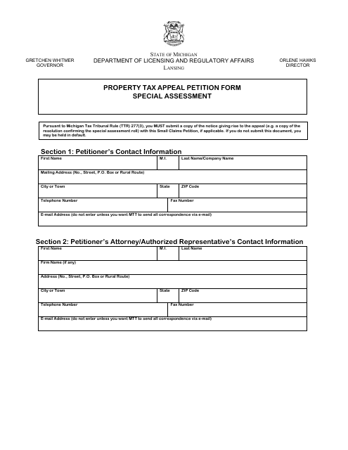 Michigan Property Tax Appeal Petition Form - Special Assessment - Fill ...